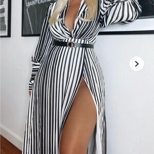 Fashion Nova Black and White Striped Long Sleeve Dress